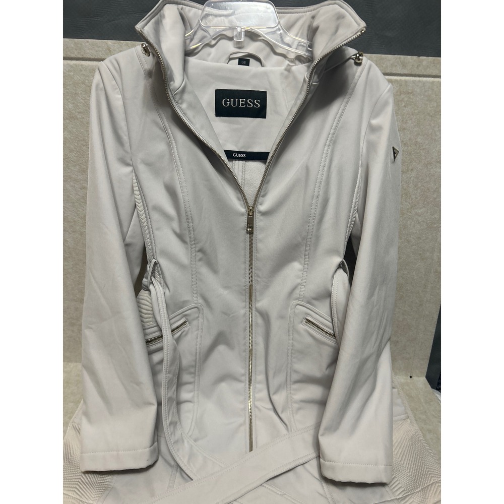 Guess Womens Softshell Jacket Hooded Belted Off White Cream Full Zip Coat L